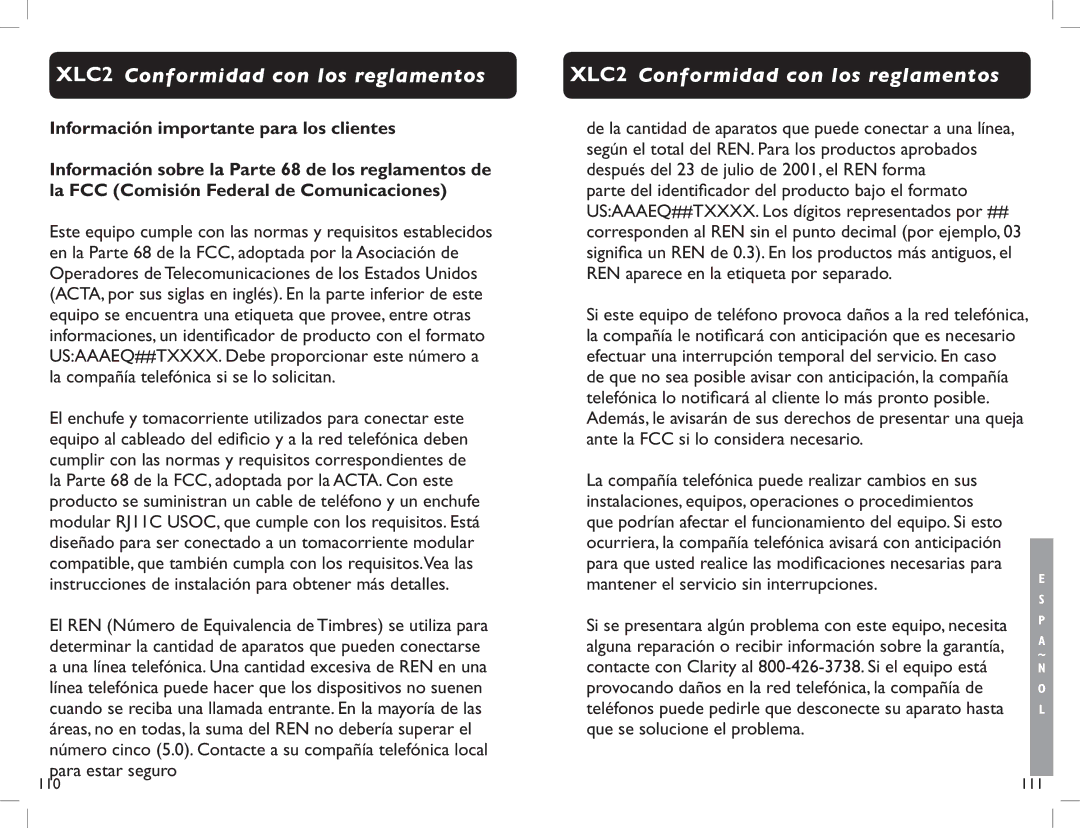 Clarity manual XLC2 Conformidad con los reglamentos, Mantener el servicio sin interrupciones 