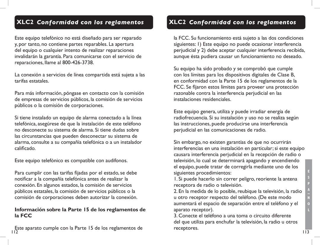 Clarity XLC2 manual Información sobre la Parte 15 de los reglamentos de la FCC 