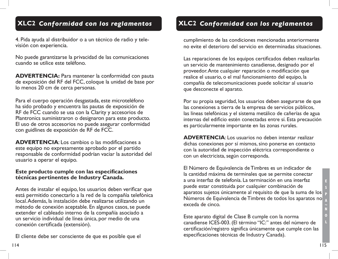 Clarity XLC2 manual El cliente debe ser consciente de que es posible que el, Especificaciones técnicas de Industry Canada 