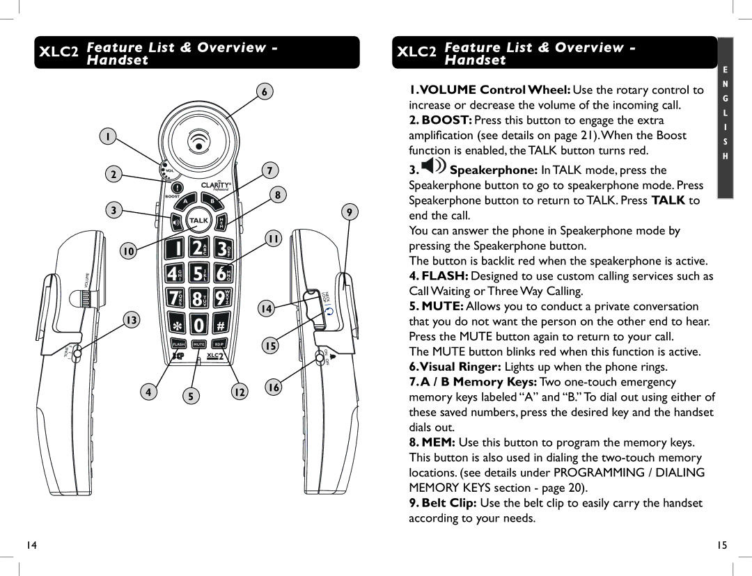 Clarity manual XLC2 FeatureHandsetList & Overview, Feature List & Overview 