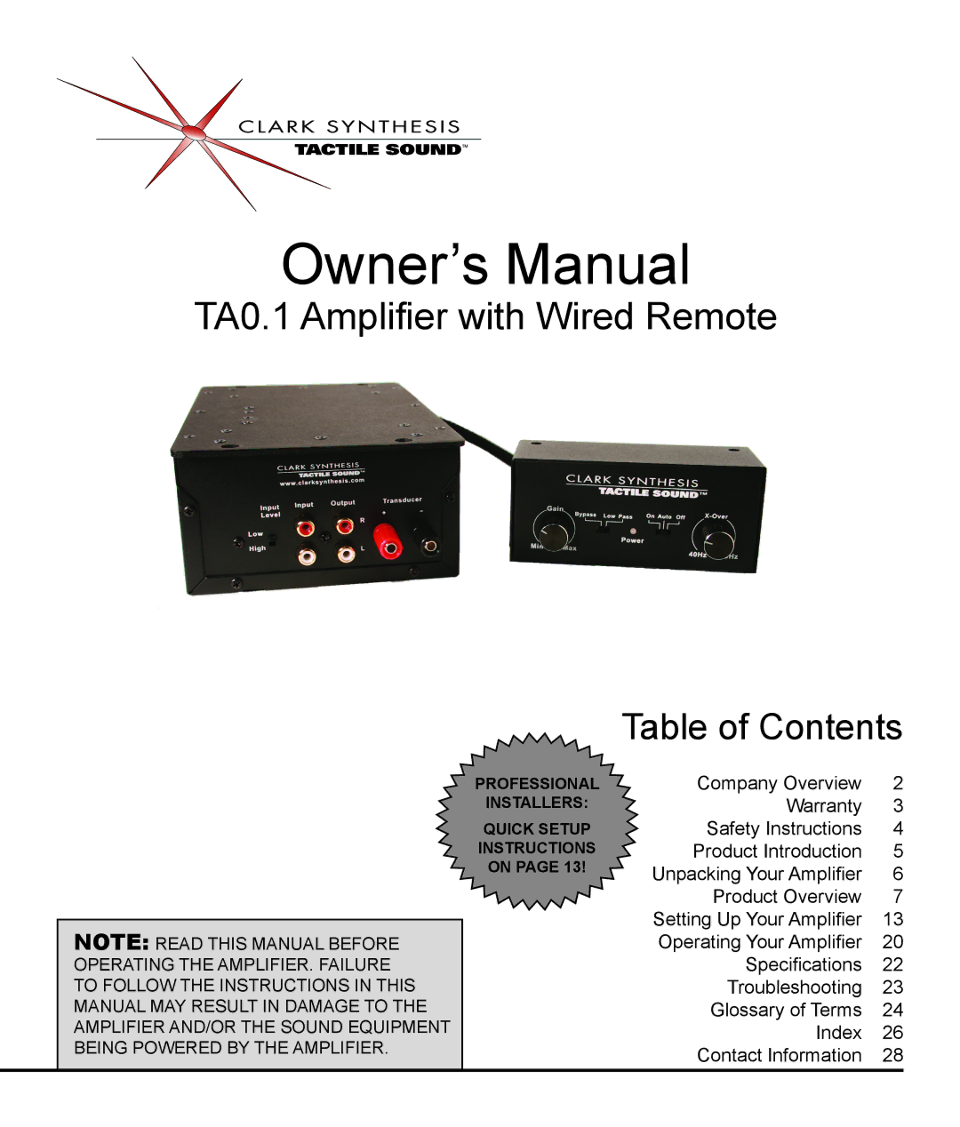 Clark Synthesis owner manual TA0.1 Amplifier with Wired Remote 