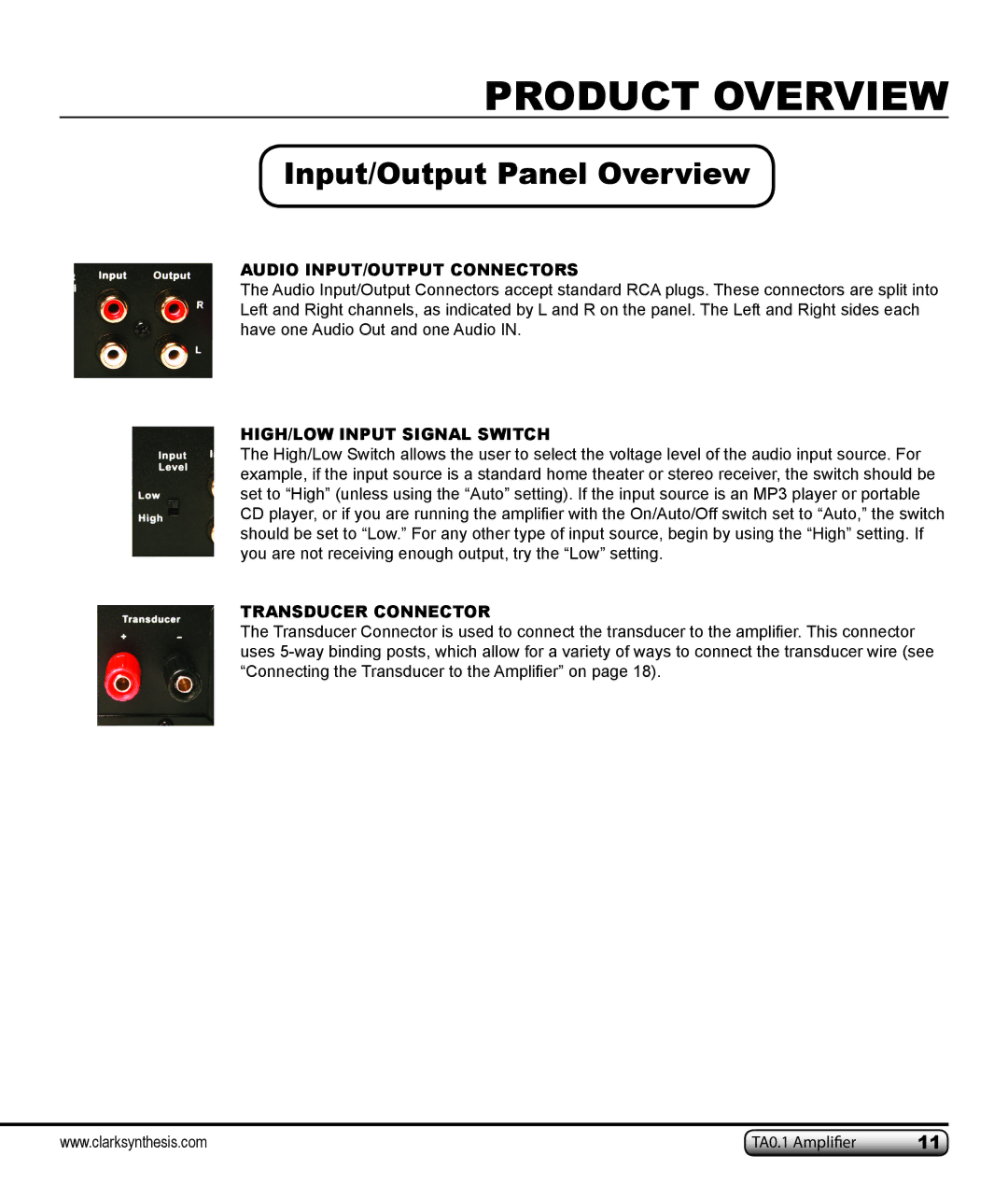 Clark Synthesis TA0.1 owner manual Input/Output Panel Overview, Audio INPUT/OUTPUT Connectors 