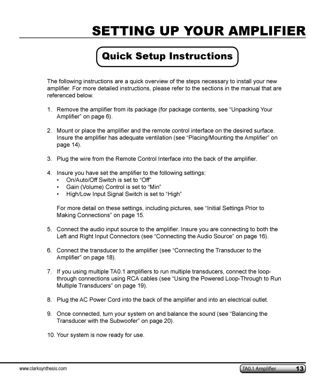 Clark Synthesis TA0.1 owner manual Setting UP Your Amplifier, Quick Setup Instructions 