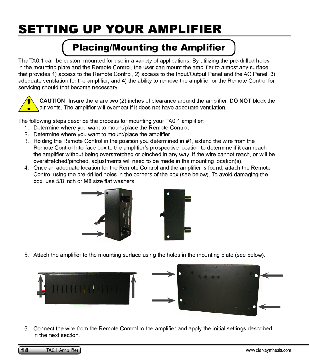 Clark Synthesis TA0.1 owner manual Placing/Mounting the Amplifier 