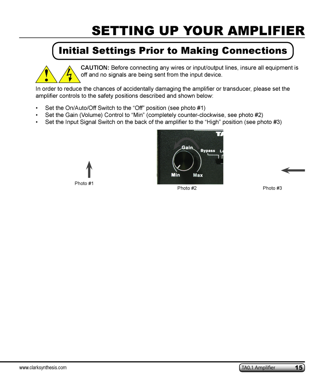 Clark Synthesis TA0.1 owner manual Initial Settings Prior to Making Connections 