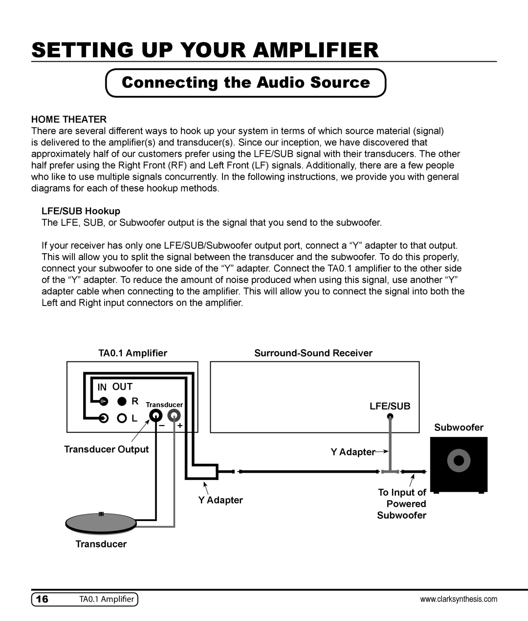 Clark Synthesis TA0.1 owner manual Connecting the Audio Source, Home Theater 