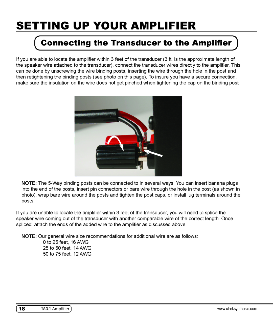 Clark Synthesis TA0.1 owner manual Connecting the Transducer to the Amplifier 