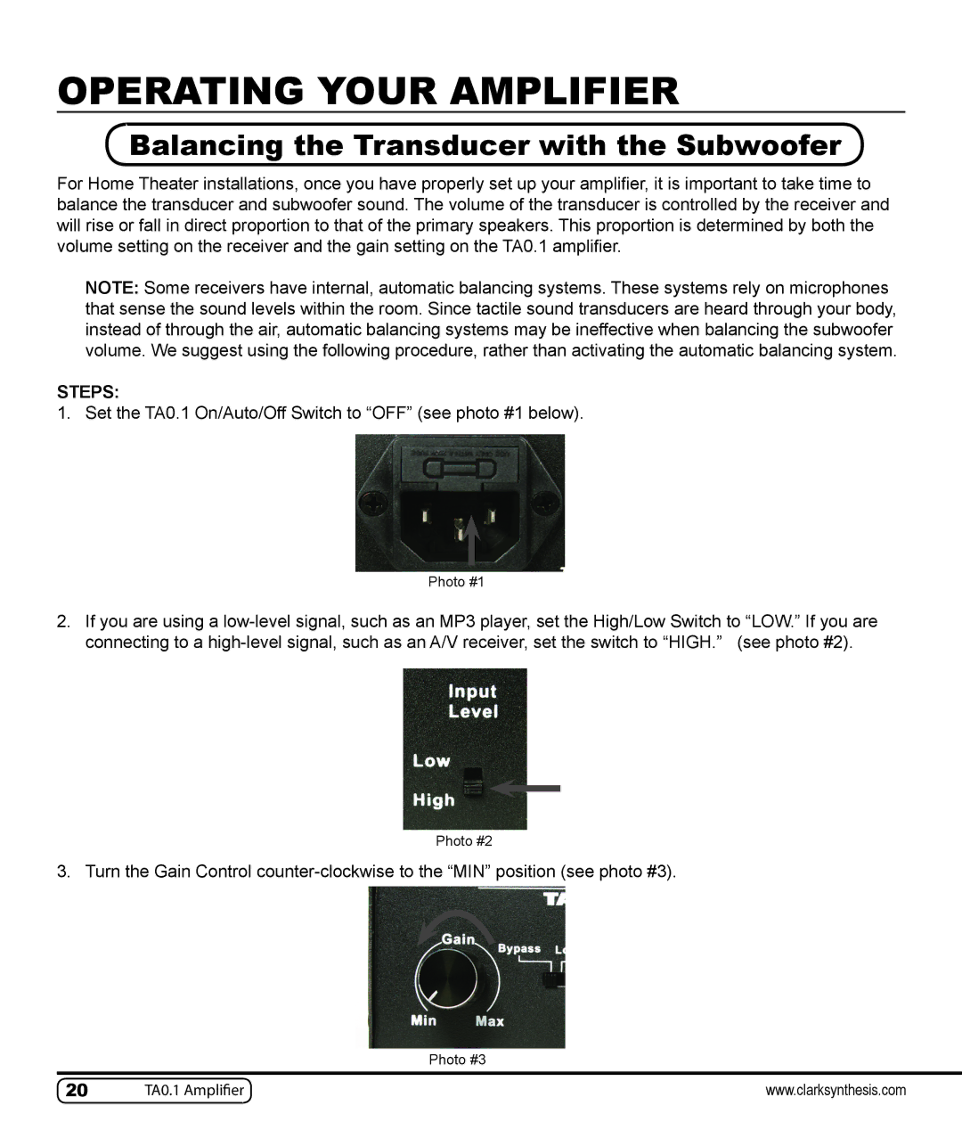 Clark Synthesis TA0.1 owner manual Operating Your Amplifier, Balancing the Transducer with the Subwoofer 