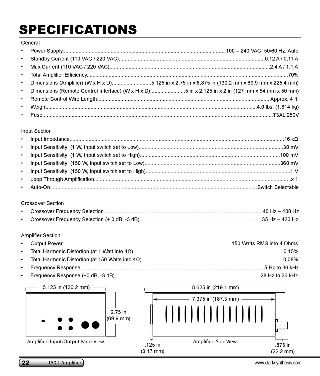 Clark Synthesis TA0.1 owner manual Specifications, Amplifier Section 