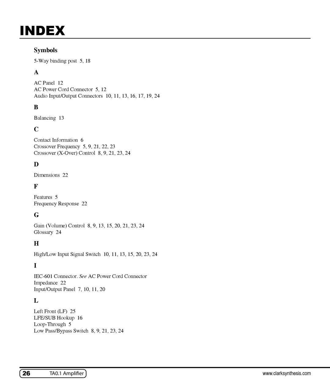 Clark Synthesis TA0.1 owner manual Index, Symbols 