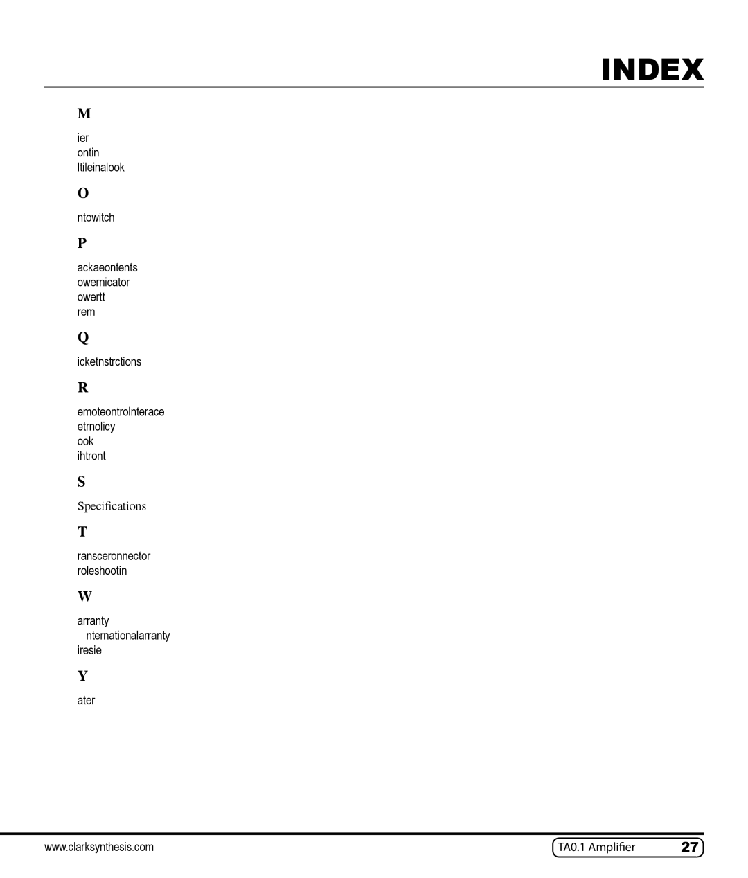 Clark Synthesis TA0.1 owner manual Index 