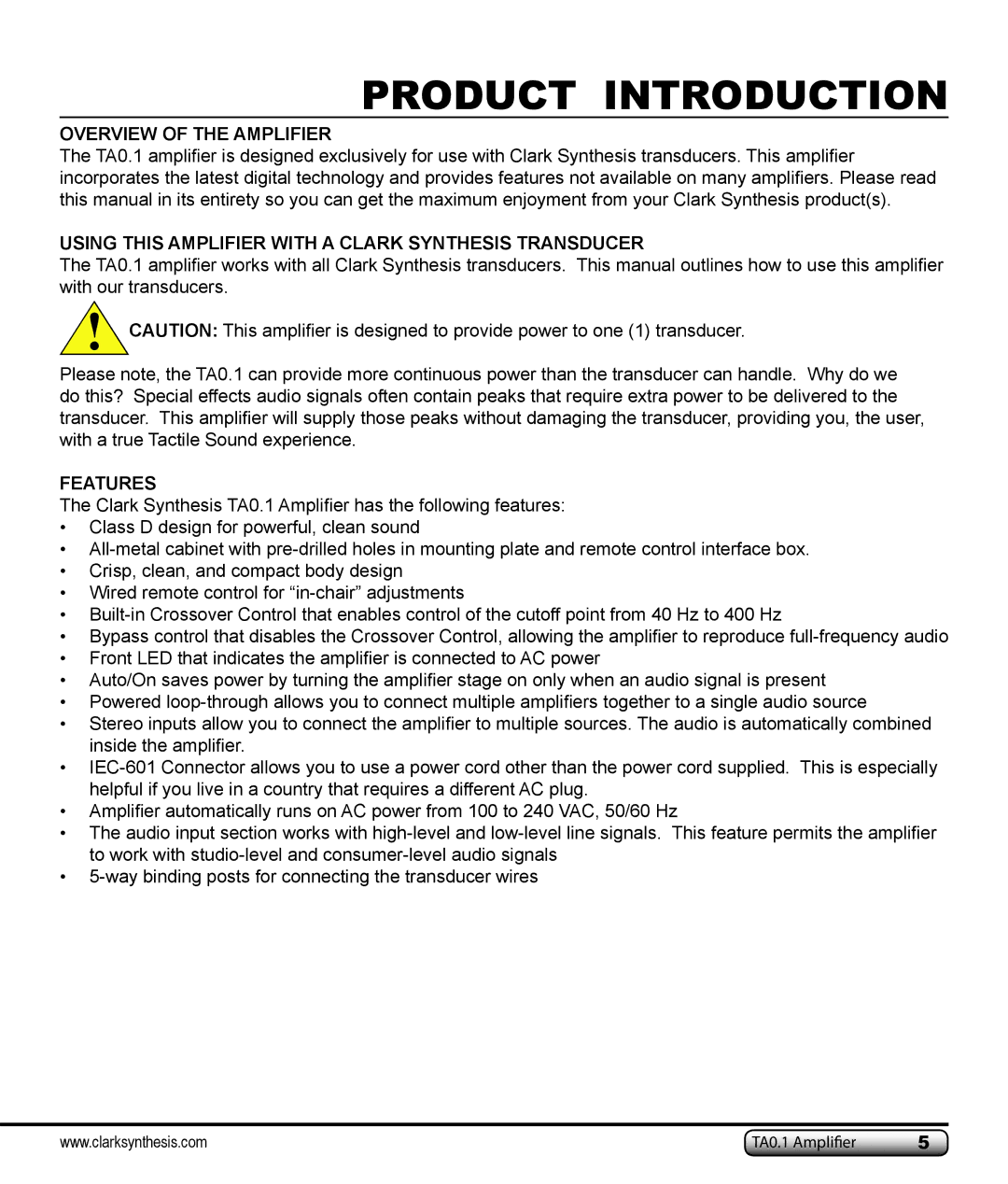 Clark Synthesis TA0.1 owner manual Product Introduction, Overview of the Amplifier 