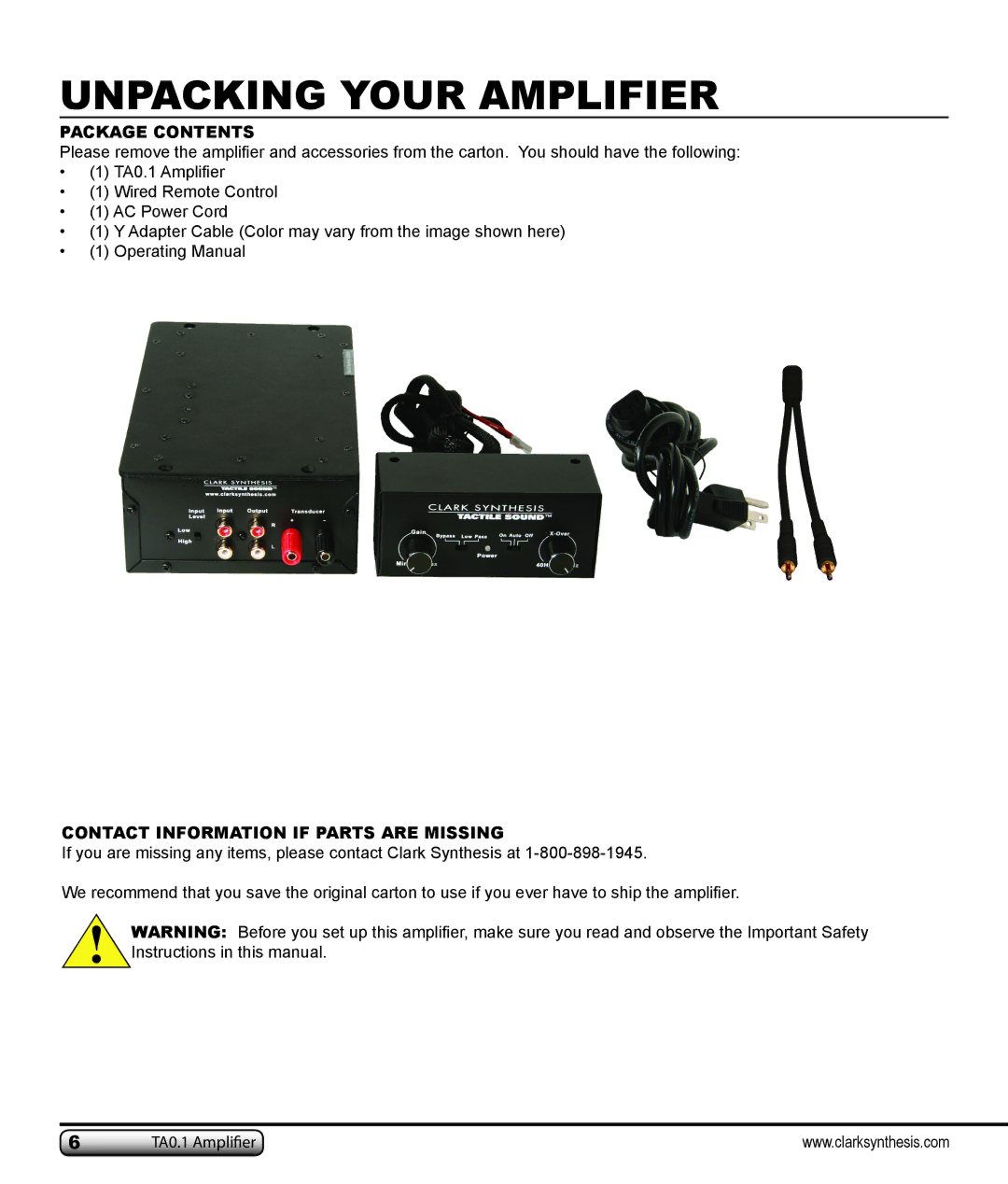 Clark Synthesis TA0.1 owner manual Unpacking Your Amplifier, Package Contents 