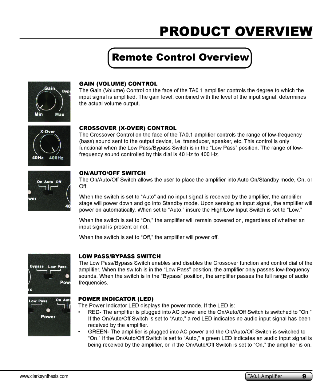 Clark Synthesis TA0.1 owner manual Remote Control Overview, Gain Volume Control 