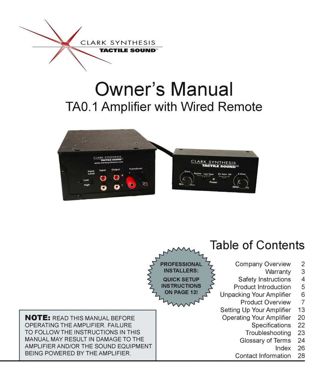 Clark Synthesis owner manual TA0.1 Amplifier with Wired Remote, Table of Contents 