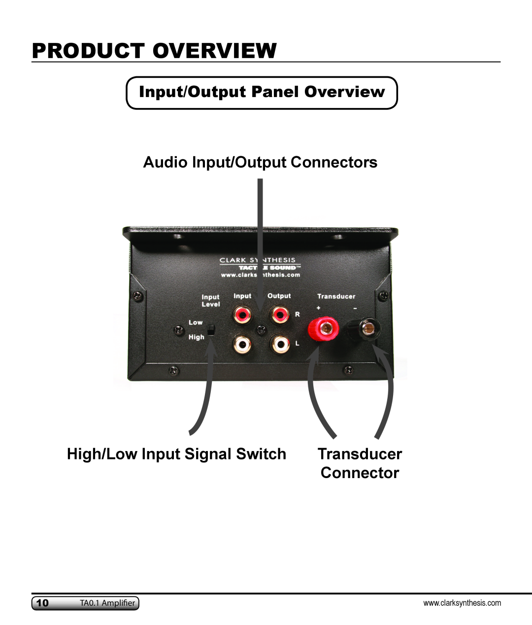 Clark Synthesis TA0.1 Input/Output Panel Overview, Audio Input/Output Connectors, High/Low Input Signal Switch, Transducer 