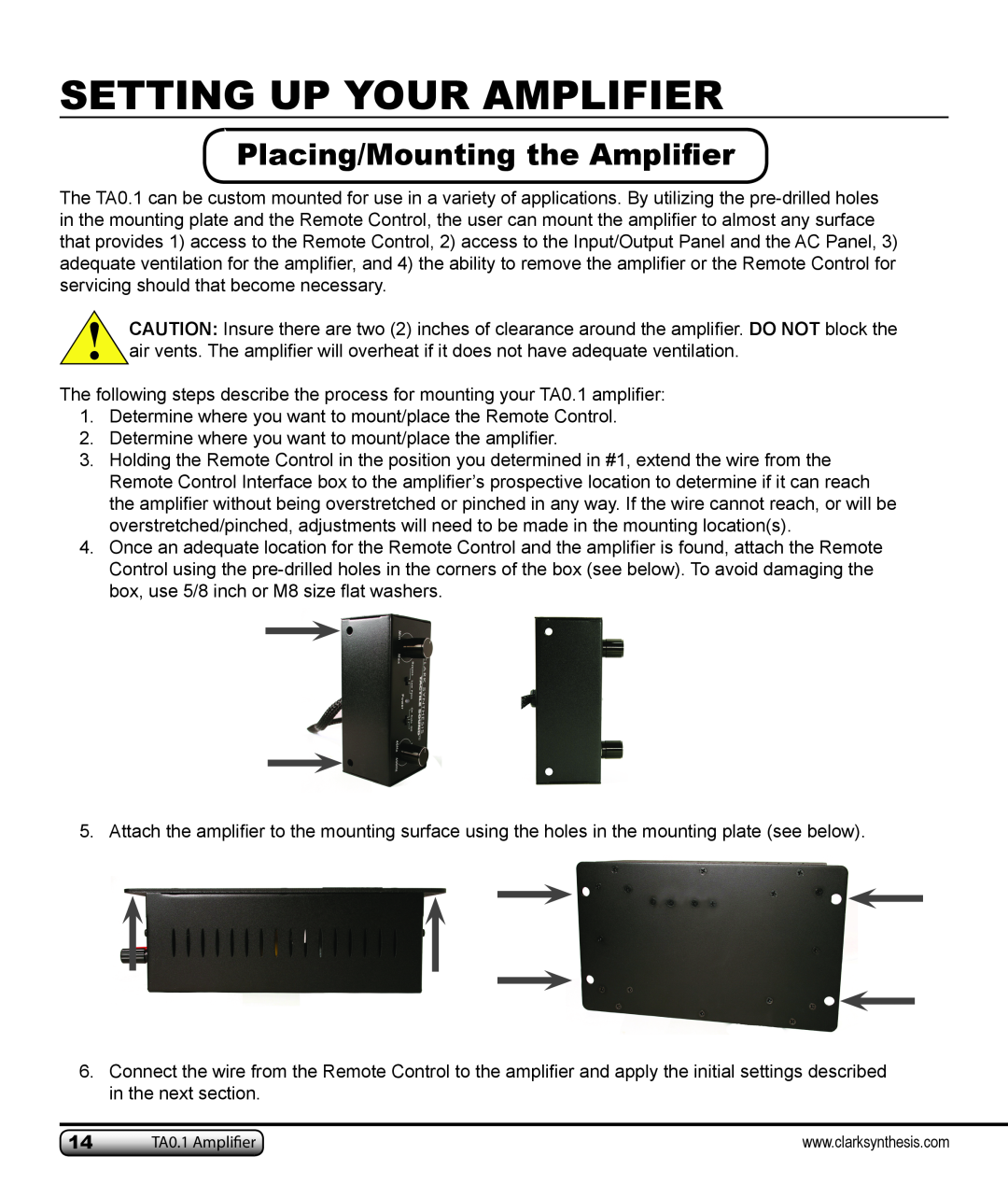 Clark Synthesis TA0.1 owner manual Placing/Mounting the Amplifier, Setting Up Your Amplifier 