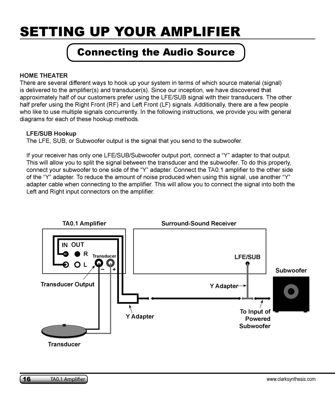 Clark Synthesis TA0.1 owner manual Connecting the Audio Source, Setting Up Your Amplifier 