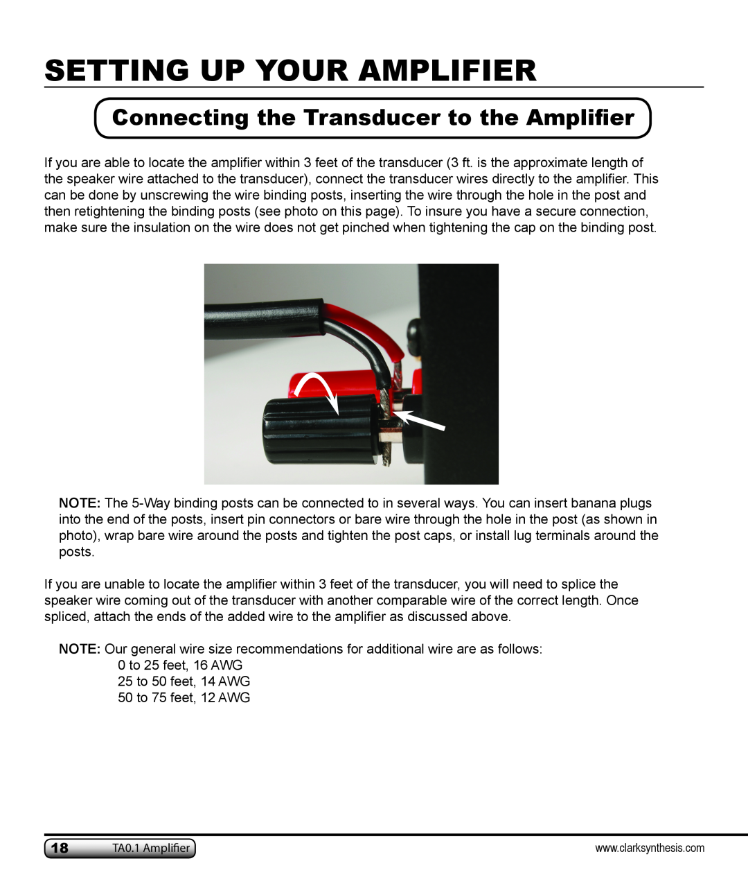 Clark Synthesis TA0.1 owner manual Connecting the Transducer to the Amplifier, Setting Up Your Amplifier 
