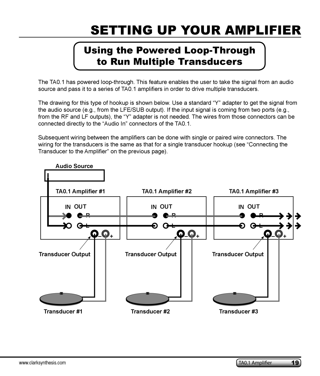 Clark Synthesis TA0.1 owner manual Using the Powered Loop-Through, to Run Multiple Transducers, Setting Up Your Amplifier 