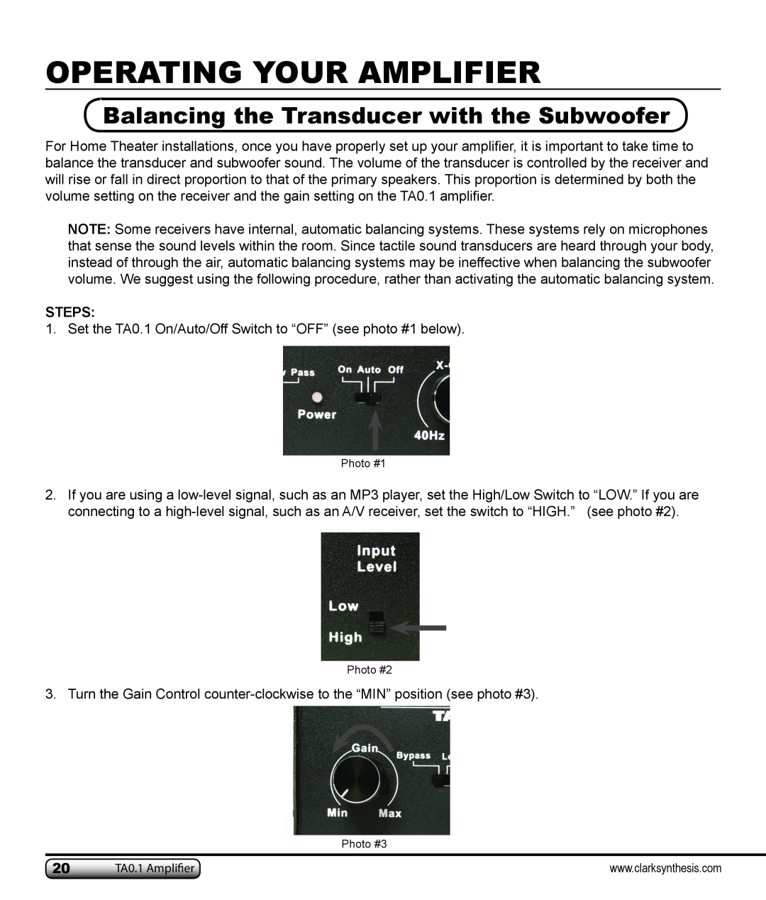 Clark Synthesis TA0.1 owner manual Operating Your Amplifier, Balancing the Transducer with the Subwoofer 
