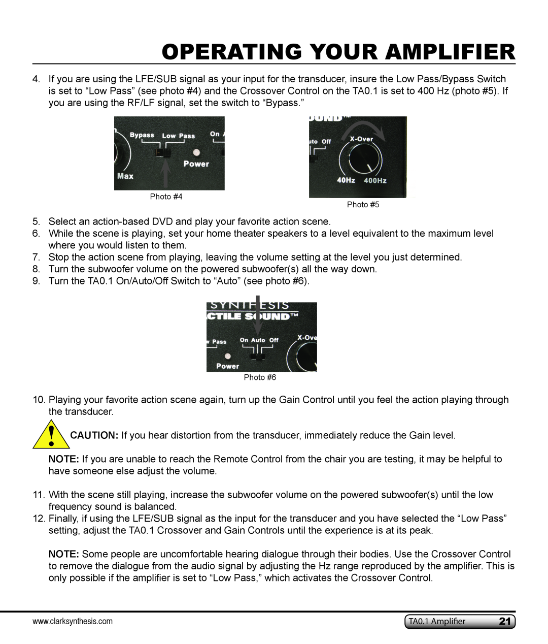 Clark Synthesis TA0.1 owner manual Operating Your Amplifier, Photo #4 Photo #5, Photo #6 