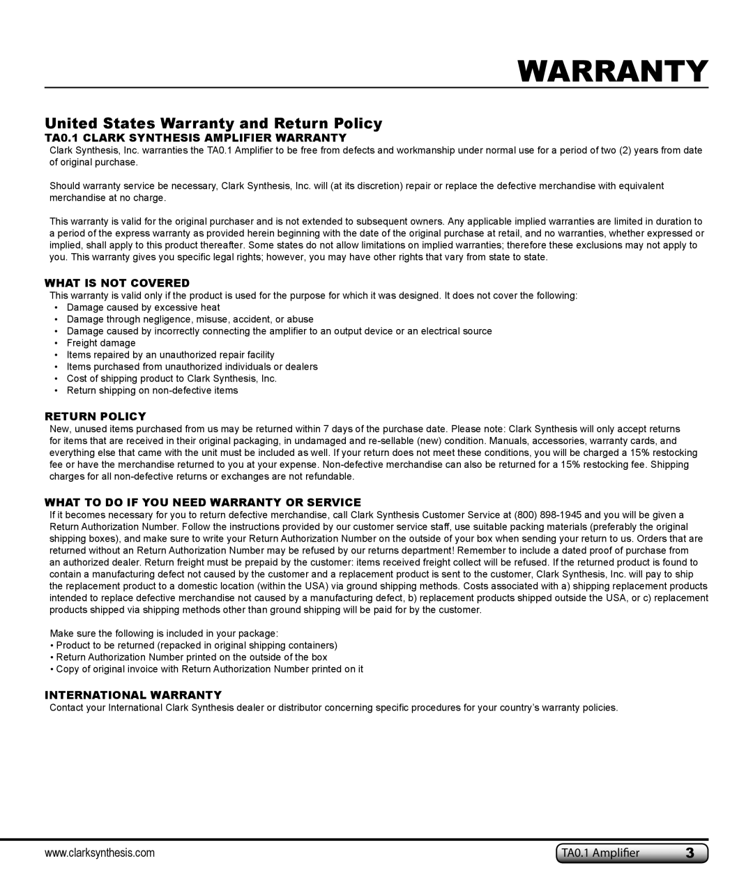 Clark Synthesis owner manual United States Warranty and Return Policy, TA0.1 CLARK SYNTHESIS AMPLIFIER WARRANTY 