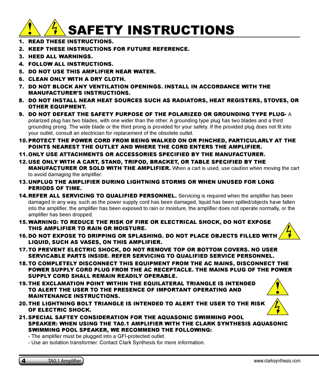 Clark Synthesis TA0.1 owner manual Safety Instructions 