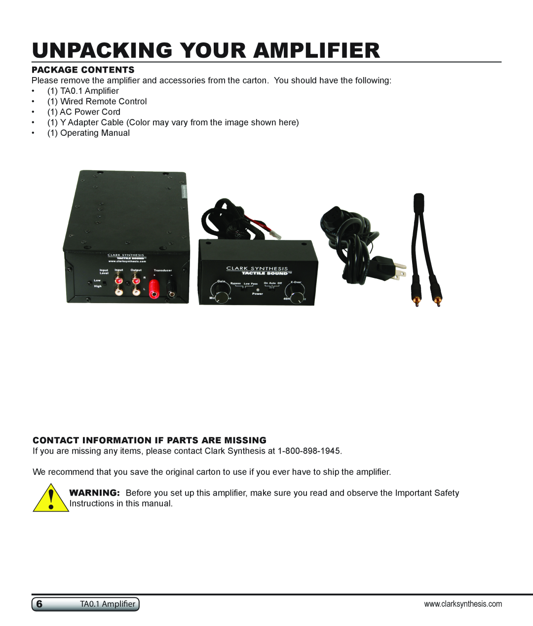 Clark Synthesis TA0.1 owner manual Unpacking Your Amplifier, Package Contents, Contact Information If Parts Are Missing 