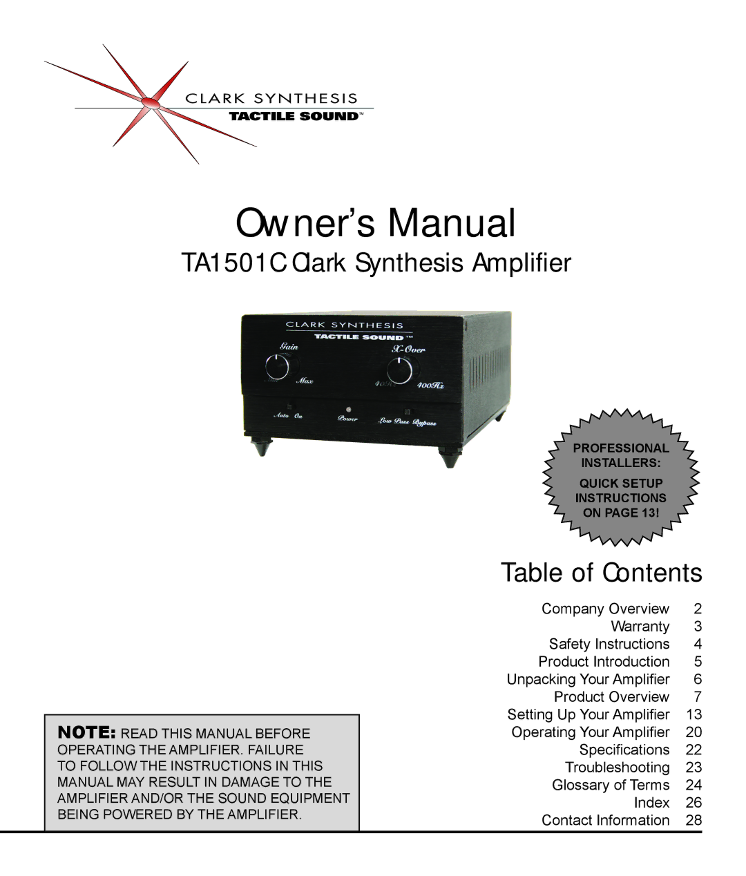 Clark Synthesis owner manual TA1501C Clark Synthesis Amplifier 