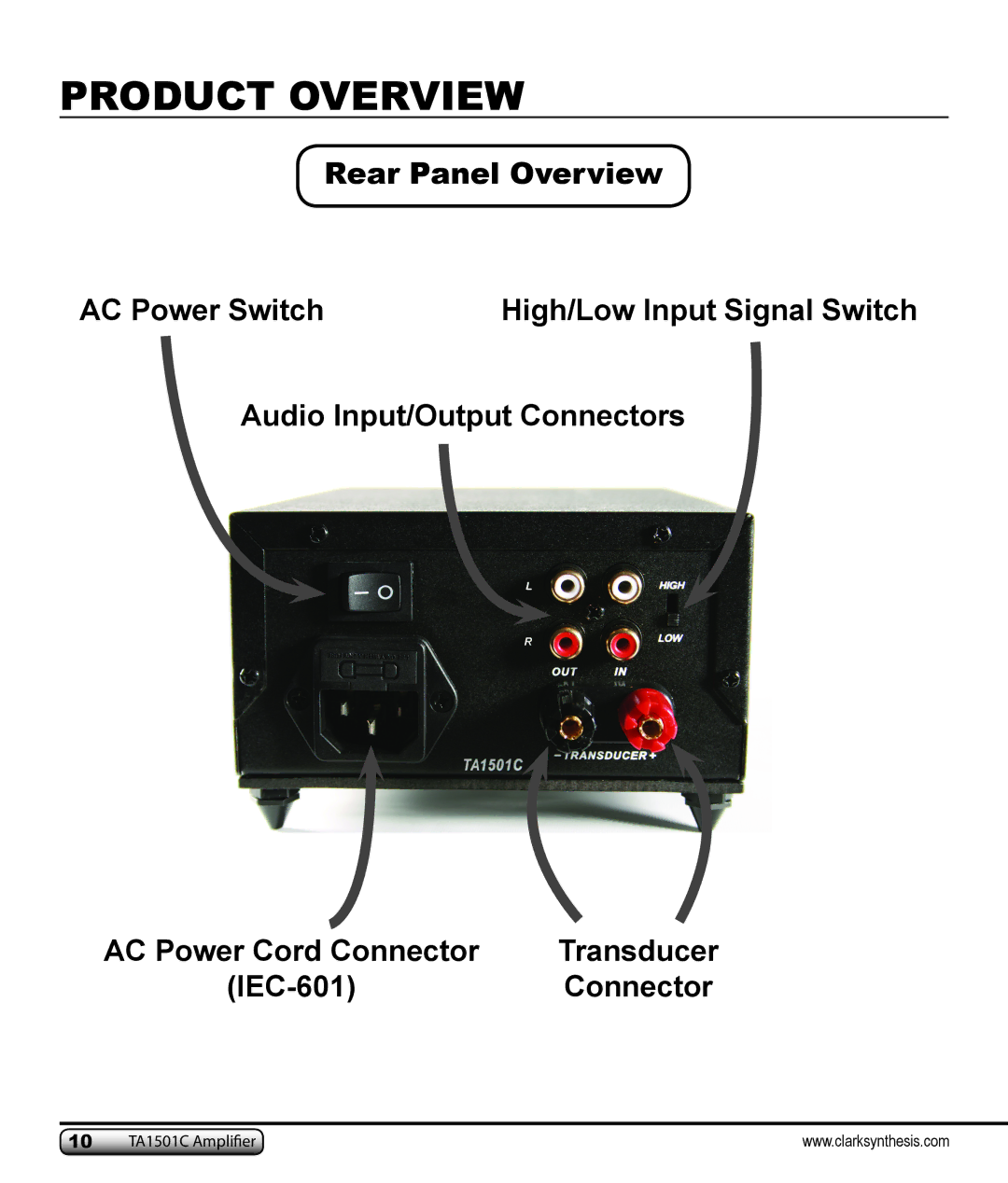 Clark Synthesis TA1501C owner manual Rear Panel Overview AC Power Switch, Audio Input/Output Connectors, IEC-601 Connector 