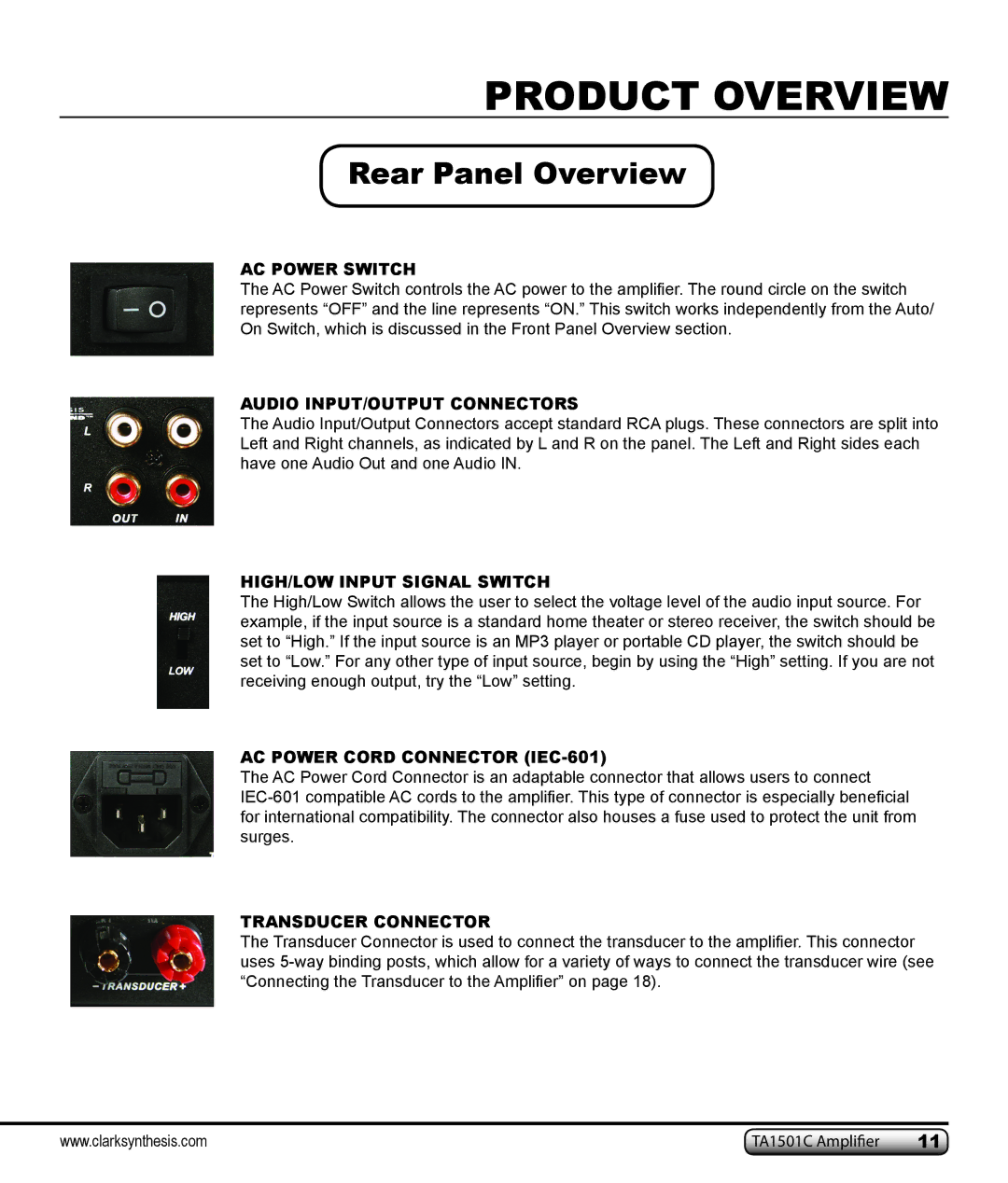 Clark Synthesis TA1501C owner manual Rear Panel Overview, AC Power Switch 