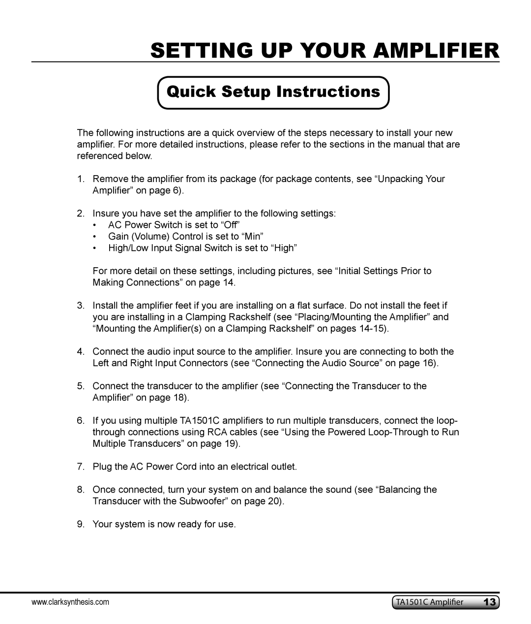 Clark Synthesis TA1501C owner manual Quick Setup Instructions 