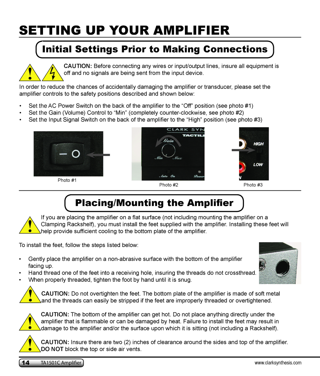 Clark Synthesis TA1501C owner manual Initial Settings Prior to Making Connections, Placing/Mounting the Amplifier 