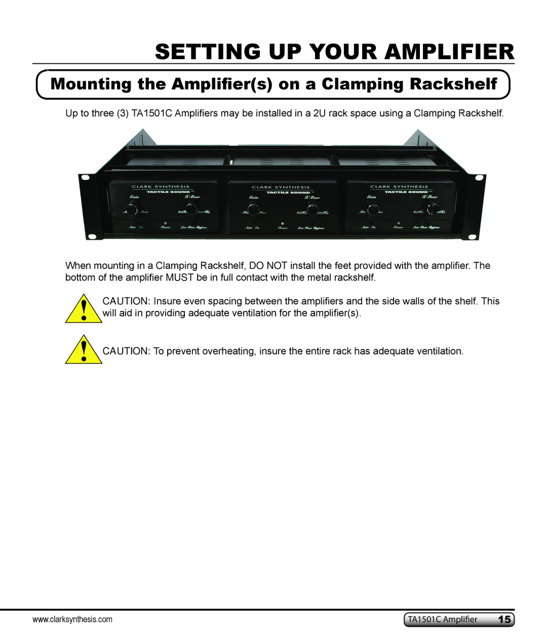 Clark Synthesis TA1501C owner manual Mounting the Amplifiers on a Clamping Rackshelf 