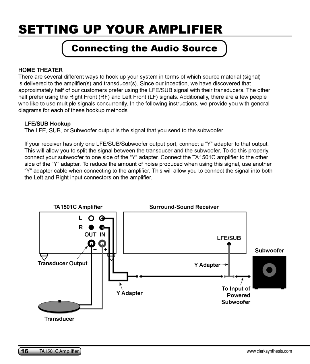 Clark Synthesis TA1501C owner manual Connecting the Audio Source, Home Theater 