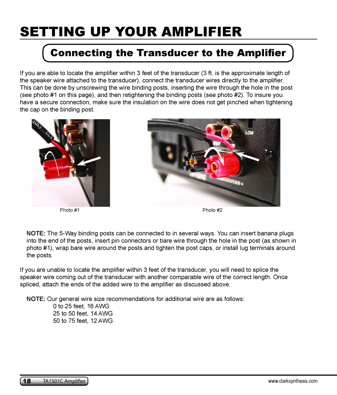 Clark Synthesis TA1501C owner manual Connecting the Transducer to the Amplifier 