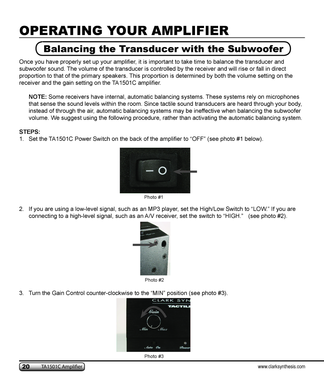 Clark Synthesis TA1501C owner manual Operating Your Amplifier, Balancing the Transducer with the Subwoofer 