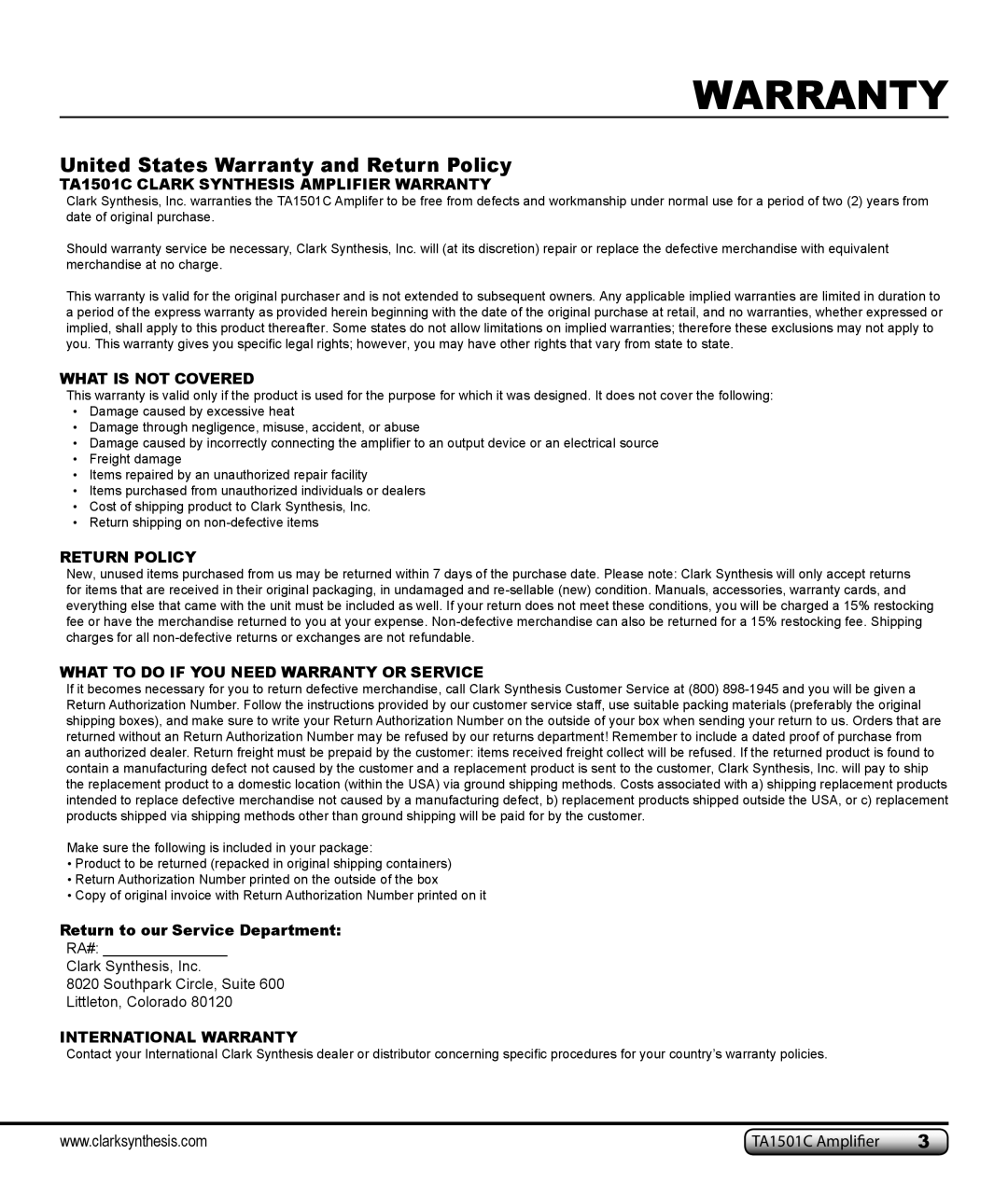 Clark Synthesis TA1501C owner manual United States Warranty and Return Policy 