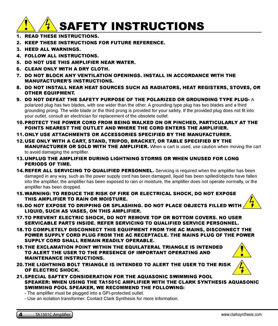 Clark Synthesis TA1501C owner manual Safety Instructions 