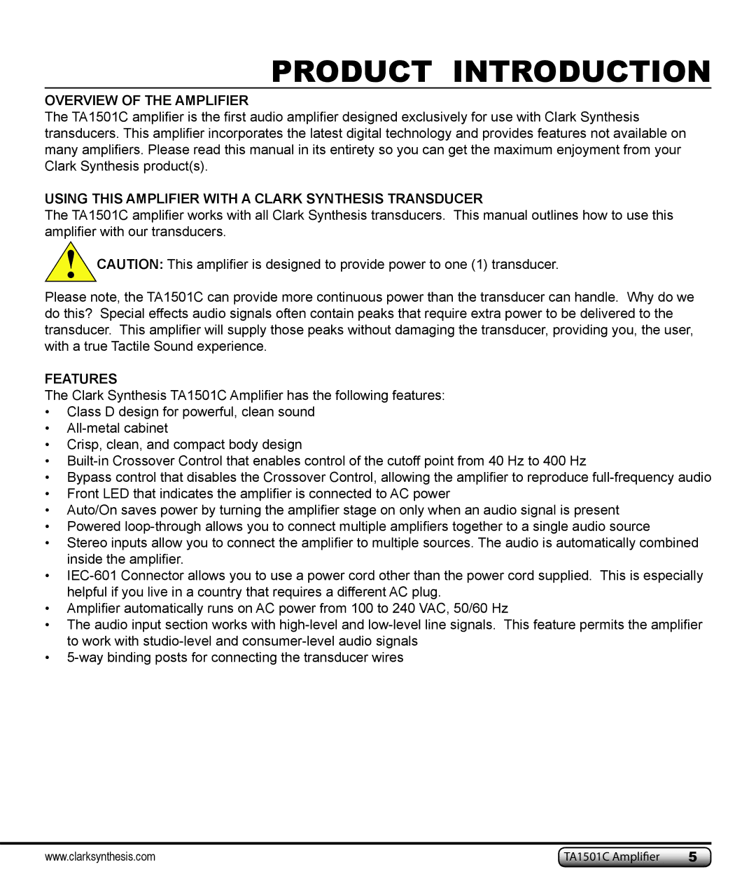 Clark Synthesis TA1501C owner manual Product Introduction, Overview of the Amplifier 