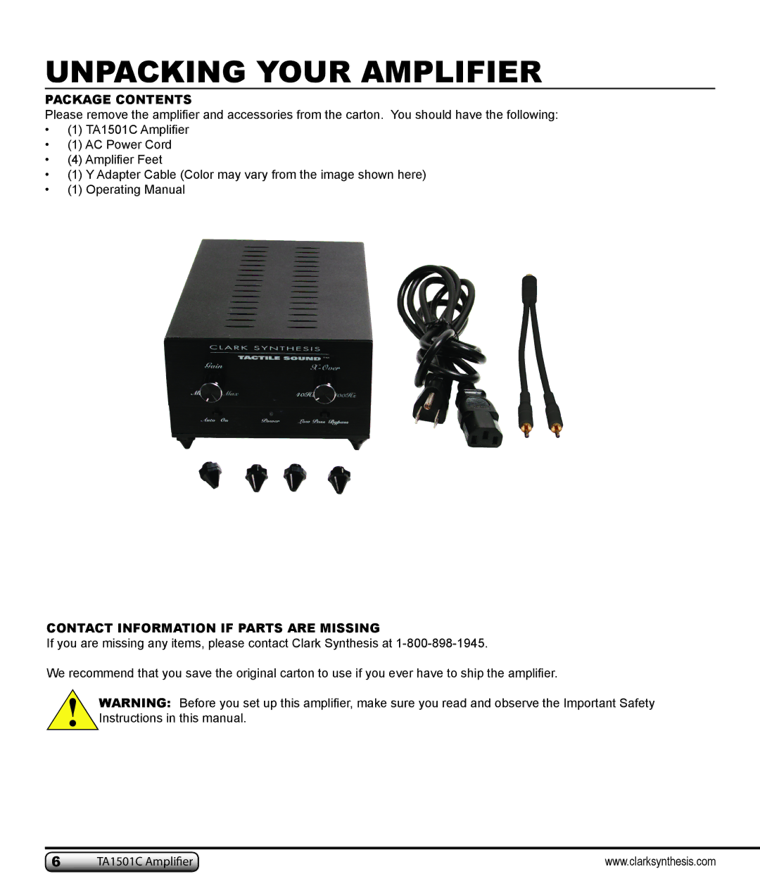 Clark Synthesis TA1501C owner manual Unpacking Your Amplifier, Package Contents 