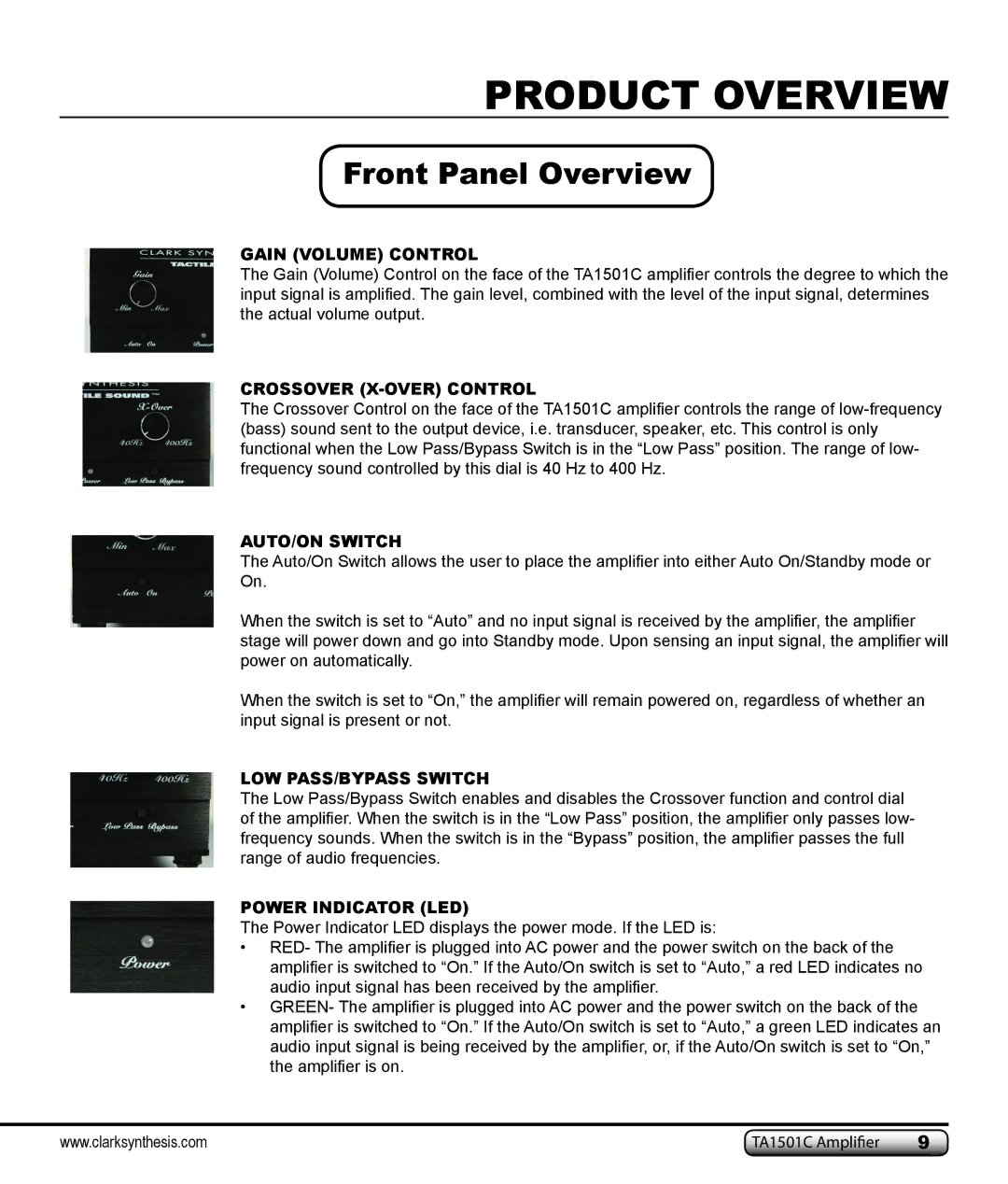 Clark Synthesis TA1501C owner manual Front Panel Overview, Gain Volume Control 