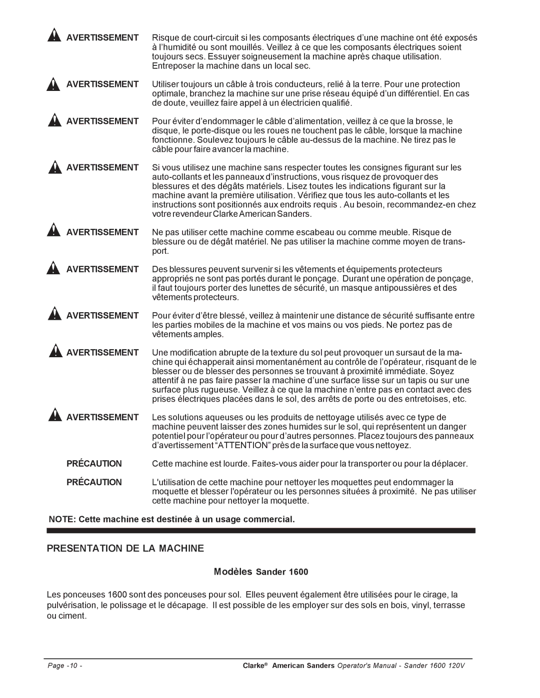 Clarke 1600 manuel dutilisation Presentation DE LA Machine, Précaution, Modèles Sander 