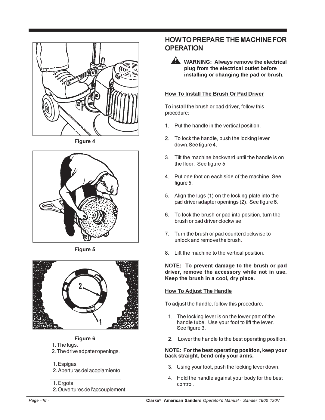 Clarke 1600 Howtoprepare Themachinefor Operation, How To Install The Brush Or Pad Driver, How To Adjust The Handle 