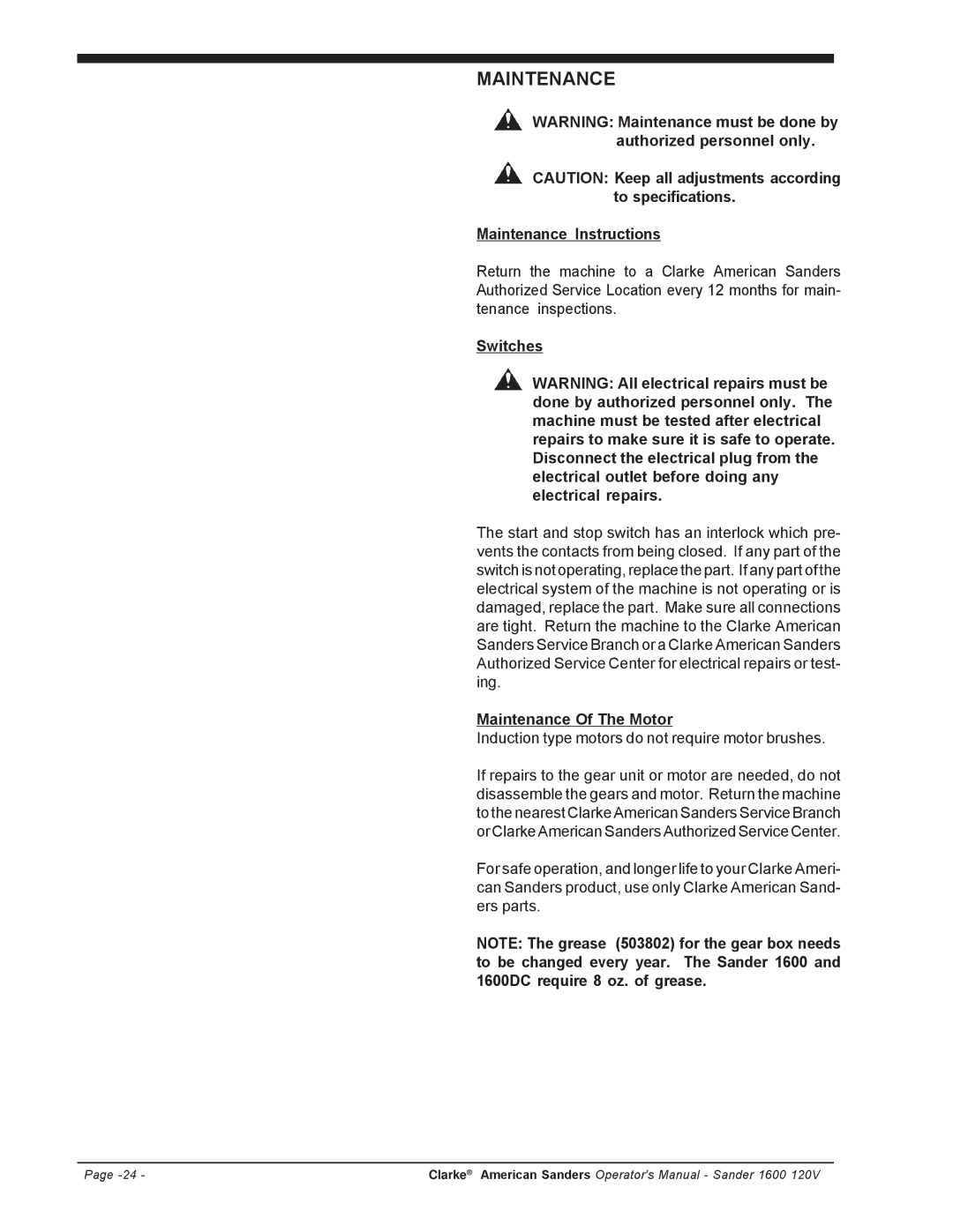 Clarke 1600 manuel dutilisation Switches, Maintenance Of The Motor 