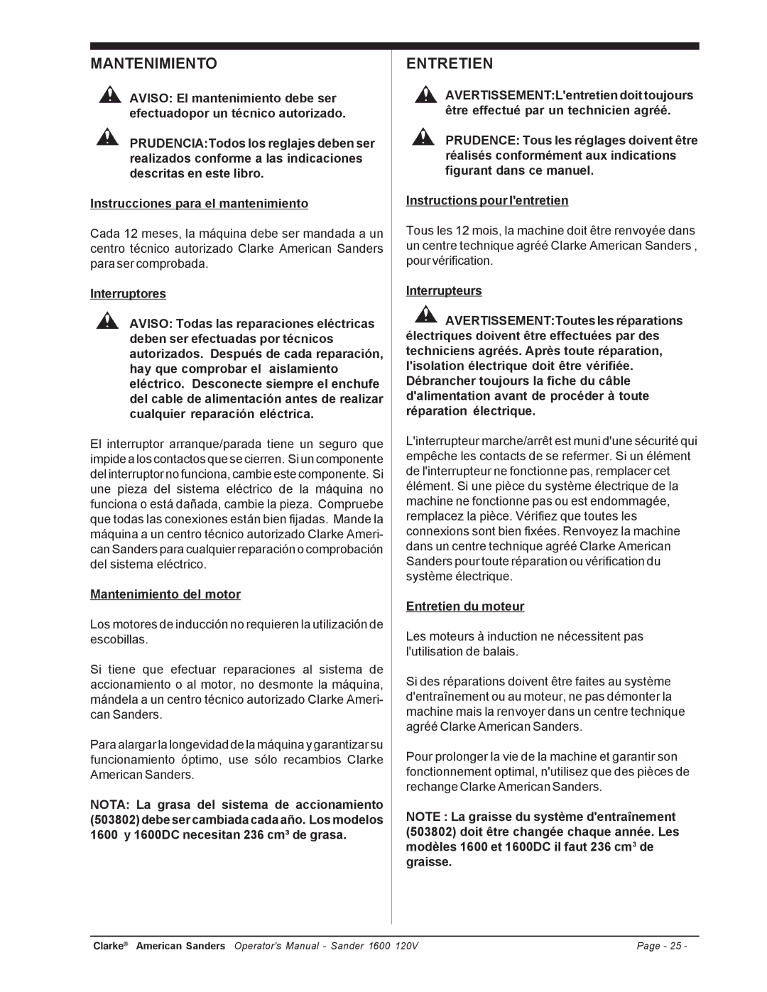 Clarke 1600 manuel dutilisation Mantenimiento del motor, Entretien du moteur 