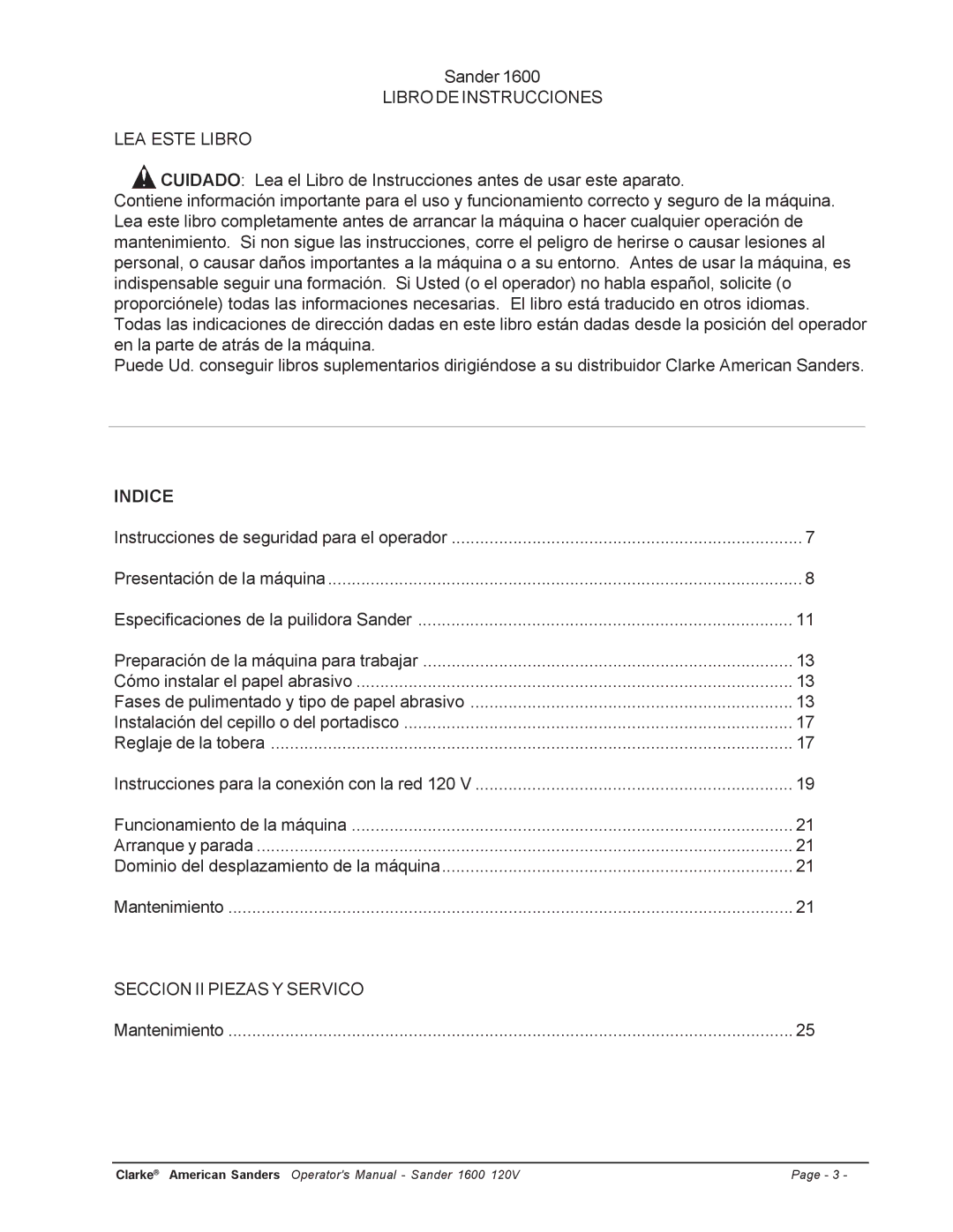 Clarke 1600 manuel dutilisation Libro DE Instrucciones LEA Este Libro, Indice 