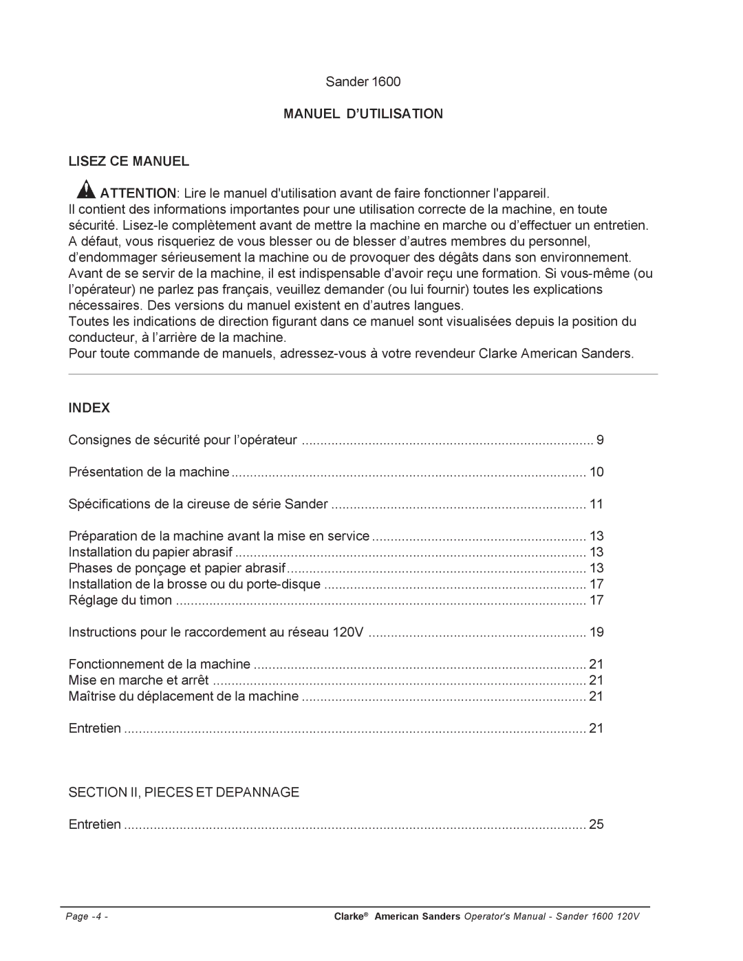 Clarke 1600 manuel dutilisation Manuel D’UTILISATION Lisez CE Manuel, Index 