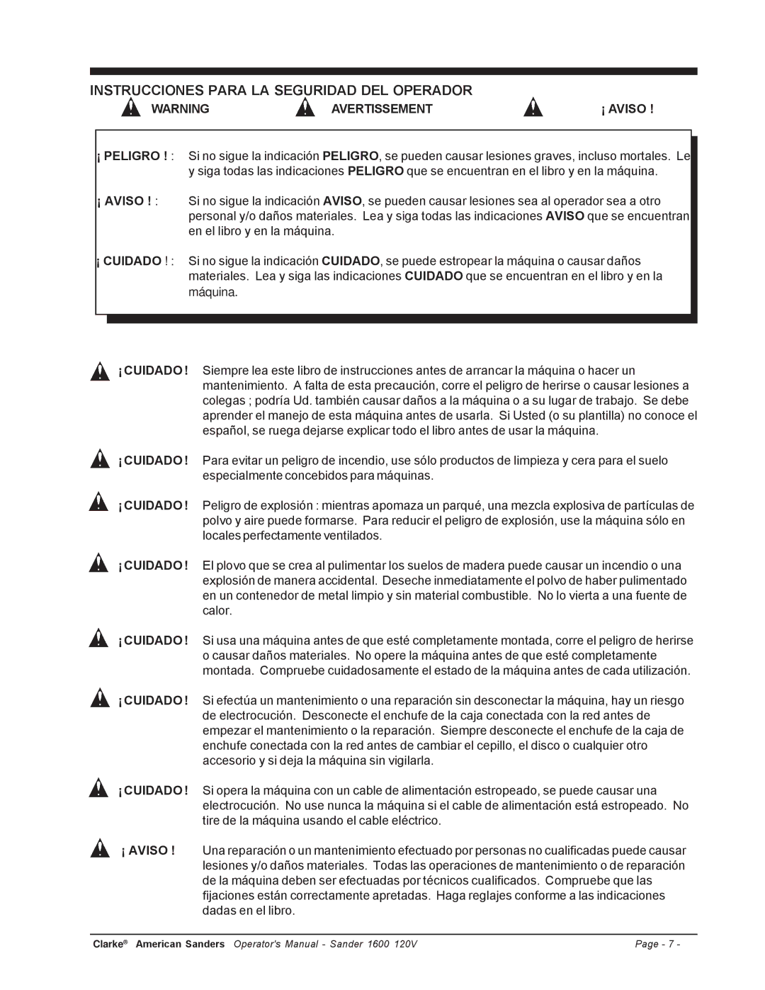 Clarke 1600 manuel dutilisation Instrucciones Para LA Seguridad DEL Operador, Avertissement 